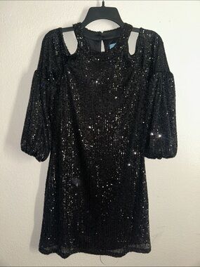 CeCe Black Sequin Cold-Shoulder Midi Dress